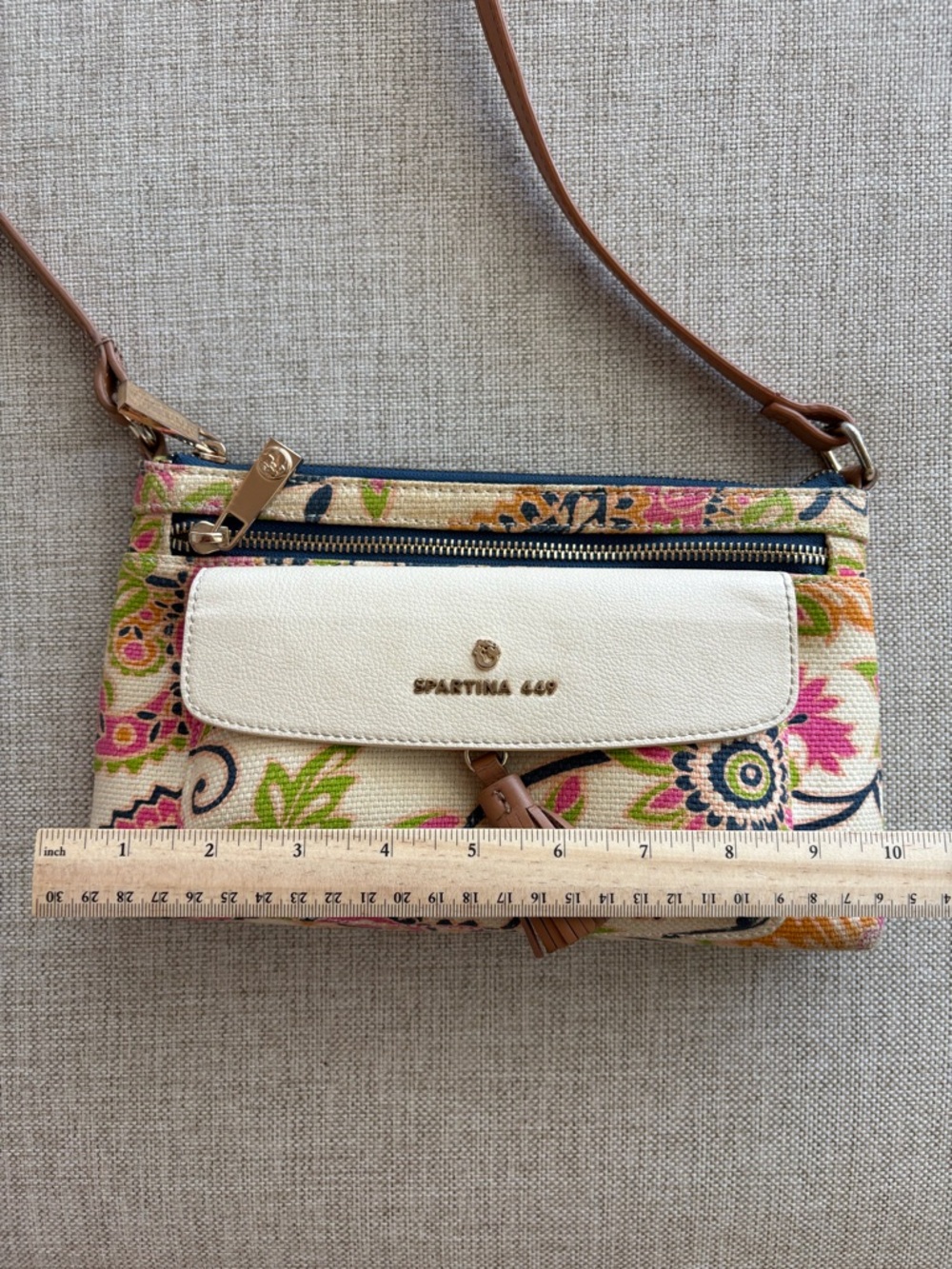 Spartina 449 Floral Crossbody Bag Canvas Leather Trim Tassel Coastal - Picture 5 of 14
